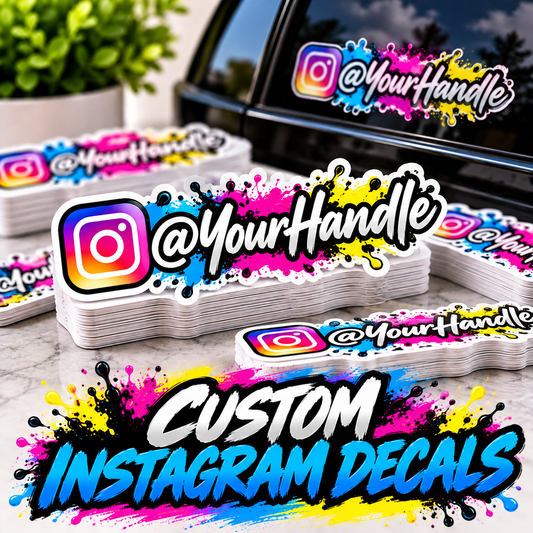 Custom Instagram handle car decals by DC Print Haus, waterproof vinyl stickers for cars, trucks, SUVs, 2-pack for personalization.