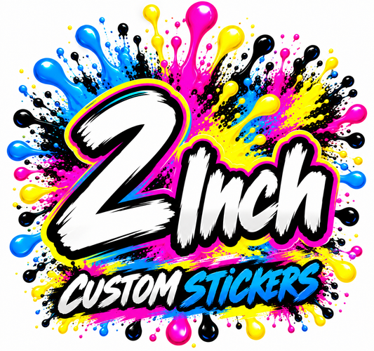 Waterproof 2-inch custom stickers from DC Print Haus featuring vibrant designs on durable vinyl.