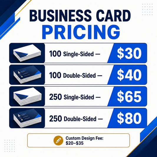 Custom business cards from DC Print Haus showing pricing and centered custom fee on a clean white background.