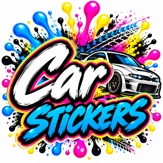 Custom graffiti-style racing emblem car stickers from DC Print Haus featuring vibrant, personalized vinyl decals for vehicles.