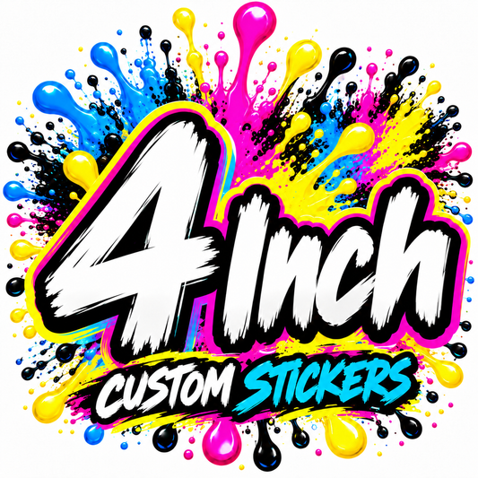 Waterproof vinyl custom stickers, 4-inch size, featuring vibrant designs from DC Print Haus, perfect for personalizing or branding.