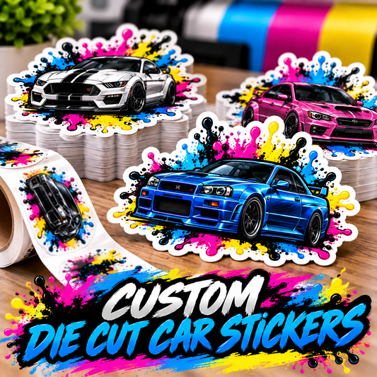 Collection of custom die-cut car stickers by DC Print Haus featuring personalized vinyl decals for vehicles.