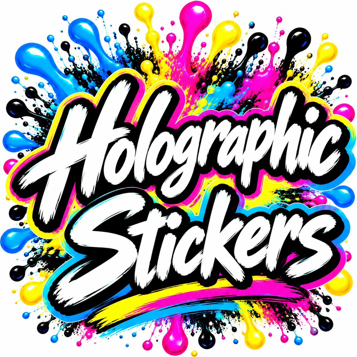 Holographic graffiti splash stickers by DC Print Haus featuring personalized round and logo die-cut designs with vibrant holographic effects.