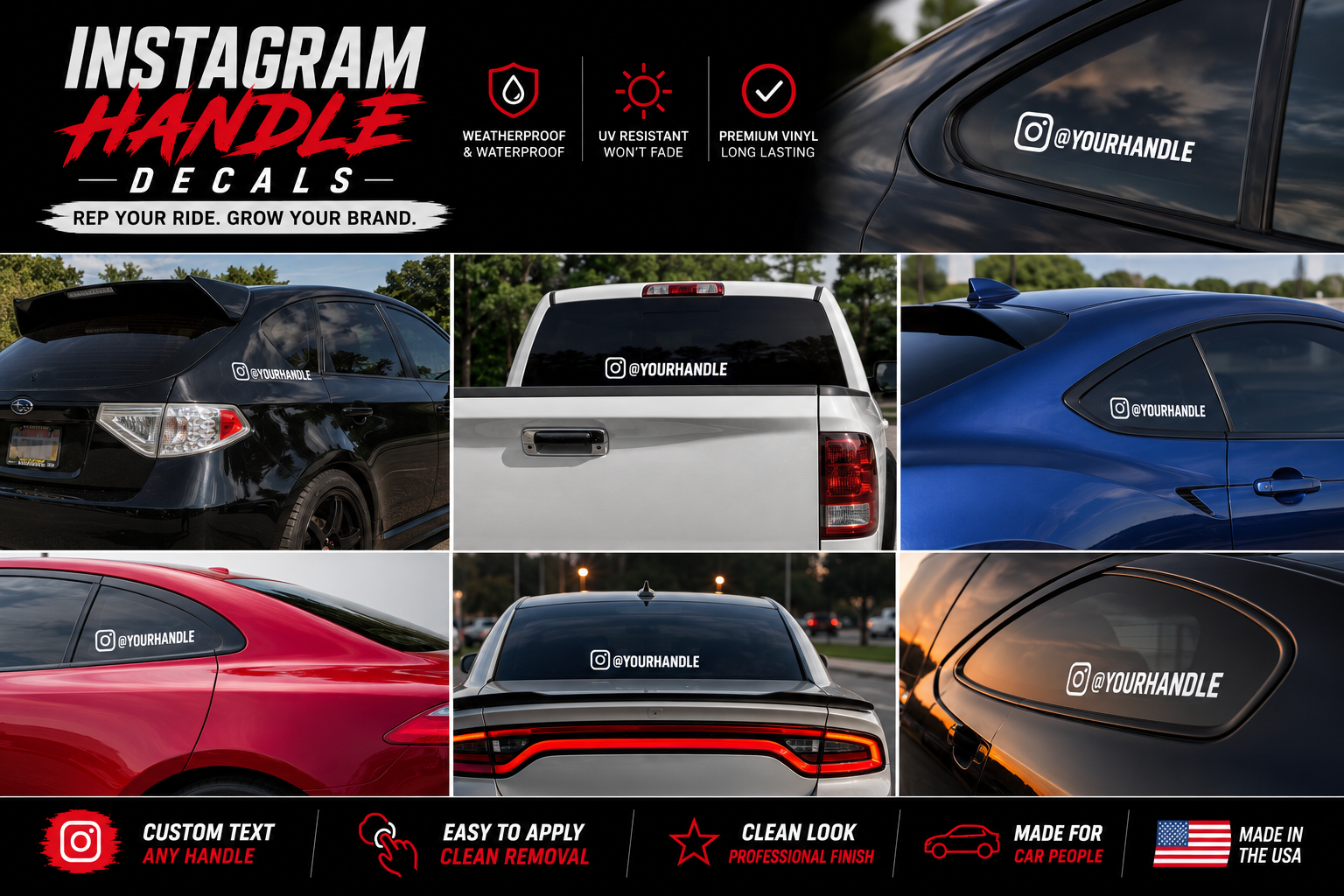 Custom Instagram handle car decal set from DC Print Haus, personalized waterproof vinyl stickers for cars, trucks, and SUVs.