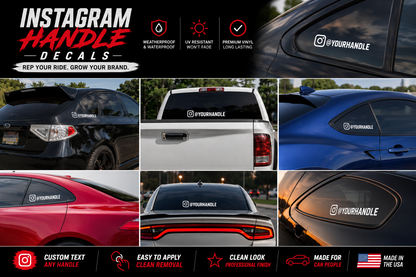 Custom Instagram handle car decal set from DC Print Haus, personalized waterproof vinyl stickers for cars, trucks, and SUVs.