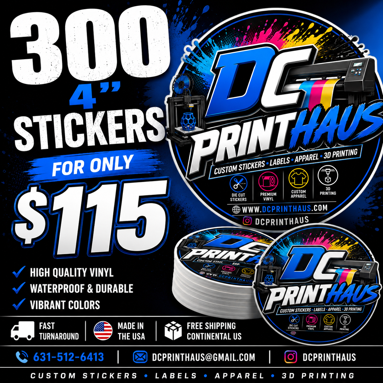 Custom 4-inch die cut stickers by DC Print Haus made of waterproof vinyl, perfect for personalized outdoor or indoor decoration.