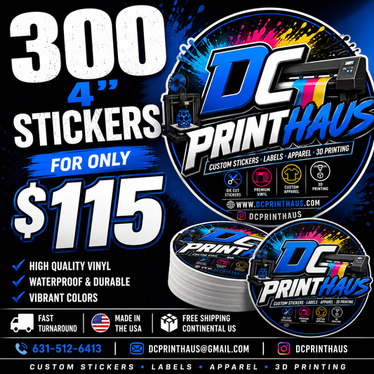 Custom 4-inch die cut stickers by DC Print Haus made of waterproof vinyl, perfect for personalized outdoor or indoor decoration.