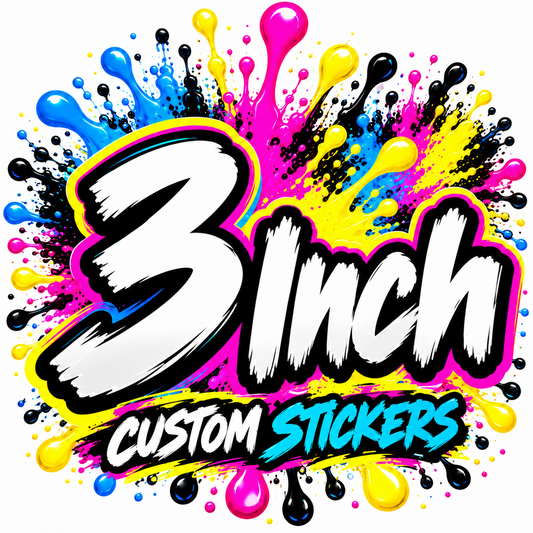 Vibrant 3-inch waterproof vinyl custom stickers from DC Print Haus, featuring bold colors and unique designs.