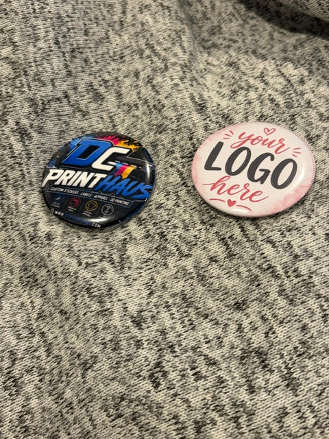 Custom button pins by DC Print Haus featuring vibrant designs and durable metal backing, ideal for accessories or promotional use.
